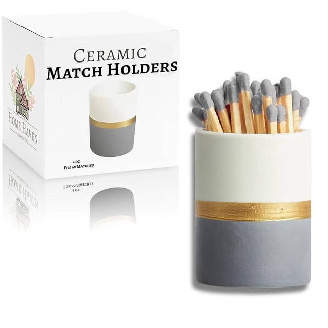 Ceramic Match Holder with Striker Pads - White/Navy/Gold - Decorative Matches in a Jar - Bathroom Matches Holder