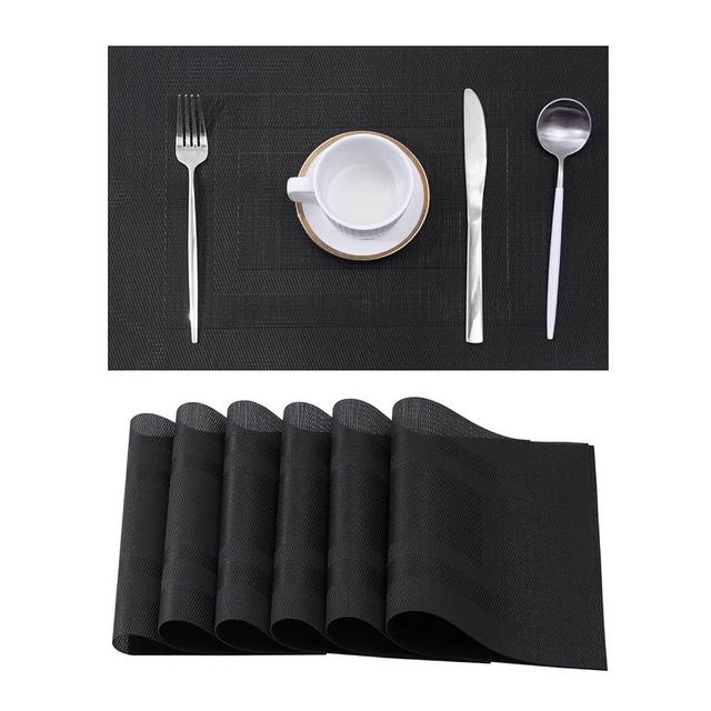 Leetaltree Black Frame Placemats Set of 6 - Heat Resistant Non-Slip Place mats for Dining Table, Washable Durable PVC Vinyl Woven Table Mats（Black Frame, 6）