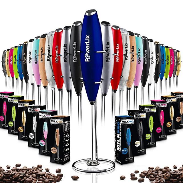 PowerLix Milk Frother Handheld Battery Operated Electric Foam Maker For Coffee, Latte, Cappuccino, Hot Chocolate, Durable Drink Mixer With Stainless Steel Whisk, Stainless Steel Stand Include (Deep Blue)