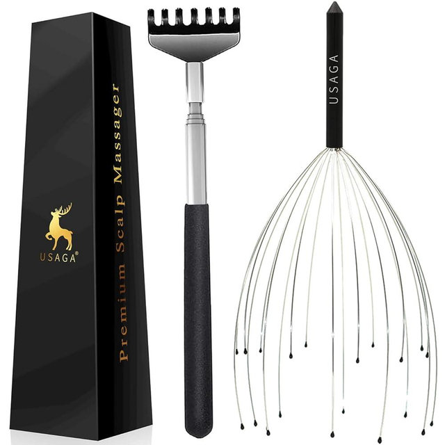 USAGA 20 Fingers Head Massager Scalp Massager Head Scratcher Extendable Back Scratcher for Scalp Body Relaxing (Black)