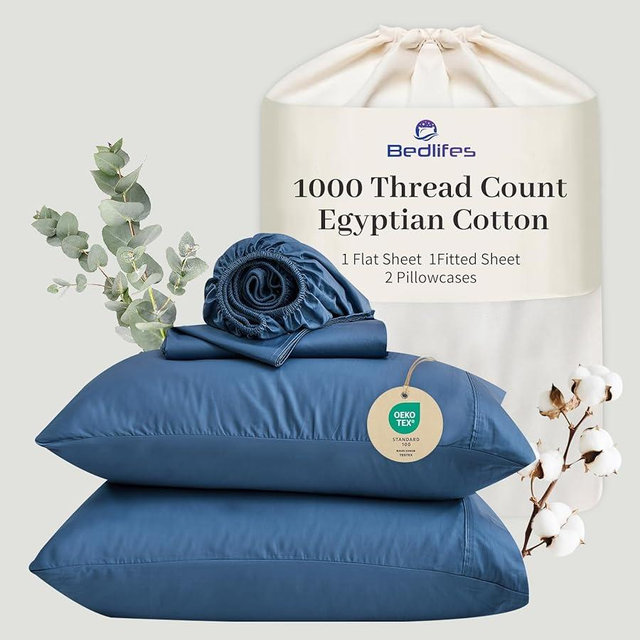 Bedlifes Egyptian Cotton Sheets 1000 Thread Count King Size, 4-Piece 16" Deep Pocket - Cooling & Breathable Ultra Soft Bedding for Hotel Comfort (Dusty Blue)