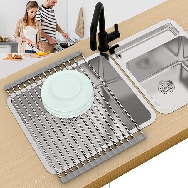 Roll Up Dish Drying Rack - Expandable Over The Sink Dish Drying Rack Up to 23.5", Large 304 Stainless Steel Foldable Sink Drying Rack with Non-Slip Silicone Sink Dish Drainer for Kitchen Sink Counter
