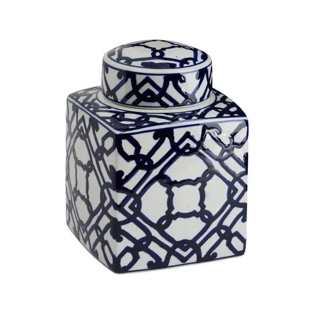 Storied Home Decorative Square Ceramic Ginger Jar with Lid, Blue and White