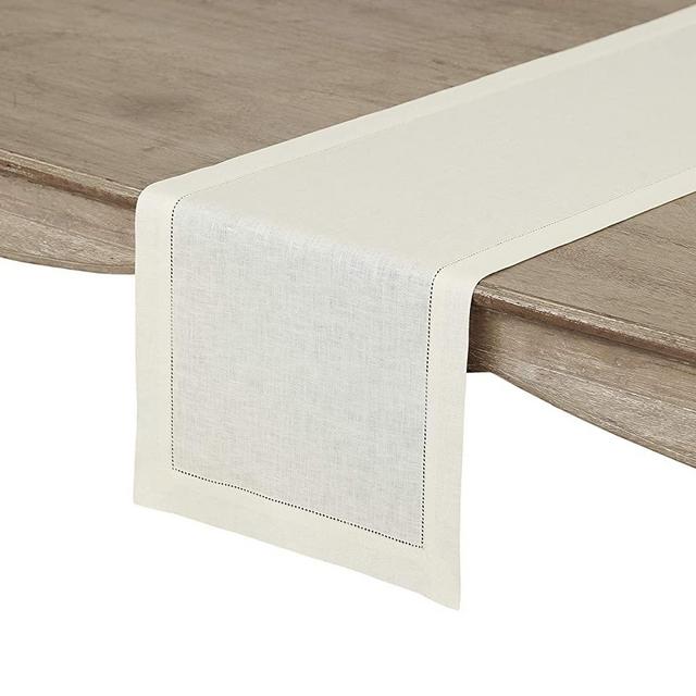 Solino Home 100% Pure Linen Hemstitch Table Runner - 14 x 90 Inch, Handcrafted from European Flax, Machine Washable Classic Hemstitch - Ivory