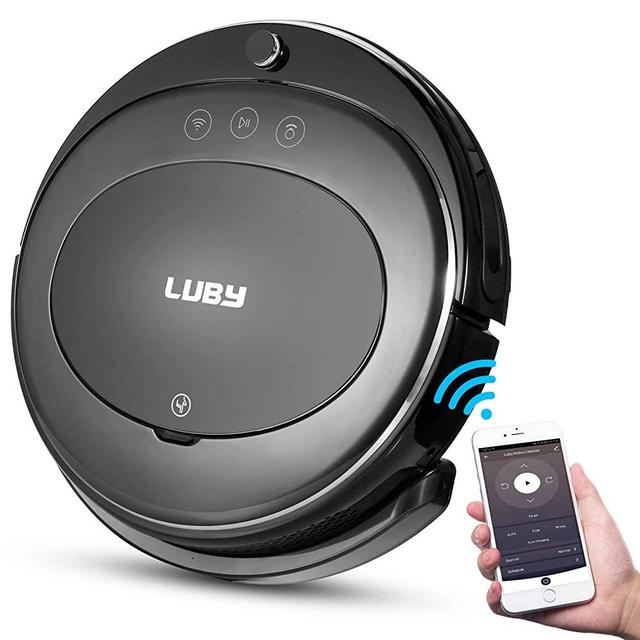 Luby Robot Vacuum Cleaner, Vacuum and Mop Robotic Vacuum Cleaner, Wi-Fi Connectivity, Self-Charging, Super-Thin, Quiet, Cleans for Pet Hair, Hard Floors, Low-Pile Carpets, Black