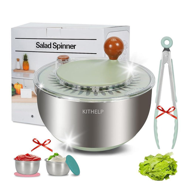 KITHELP Stainless Steel Salad Spinner Large, Vegetables Fruits Wash Bowl with Strainer, Lettuce Spinner Dryer for Efficient Salad Preparation 5.3Qt
