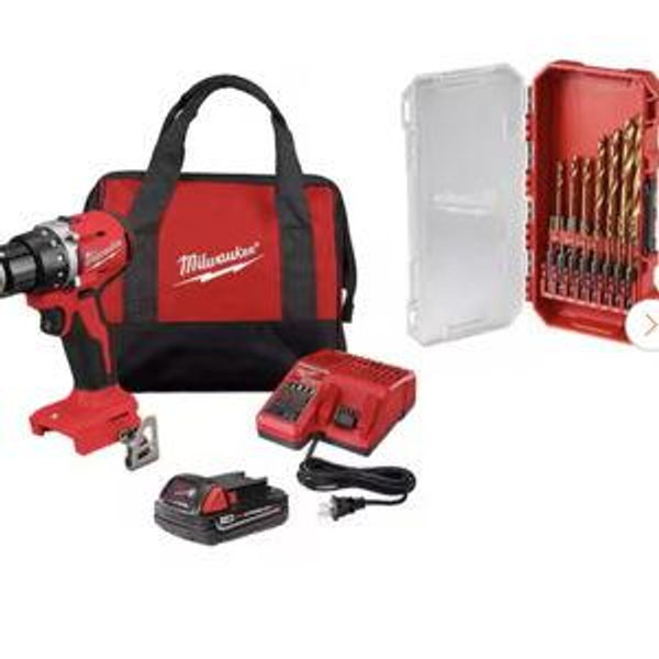 Milwaukee - M18 18V Lith-Ion Brushless Cordless Compact Drill/Driver with One 2.0 Ah Battery, Charger & Drill Bit Set (15-Piece)