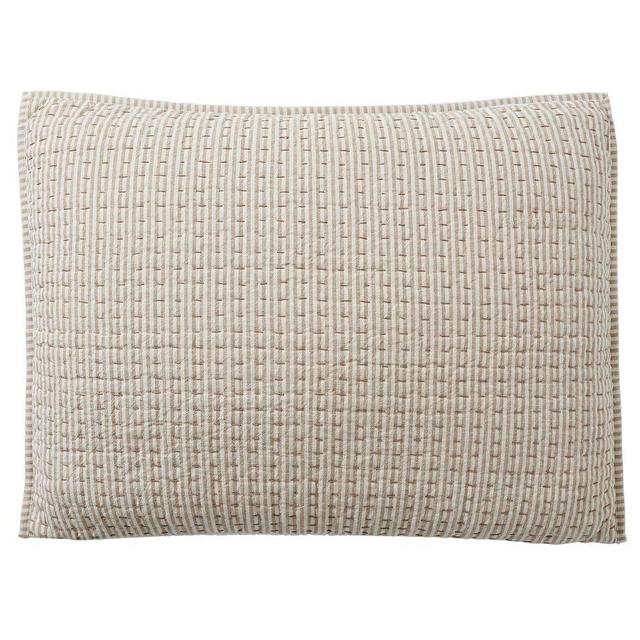 Khaki Pickstitch Wheaton Reversible Striped Cotton/Linen Quilted Sham, Standard