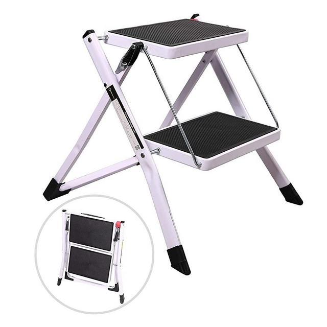Varbucamp 2 Step Small Ladder Step Stool for Closet, Portable Folding Mini Ladder with Wider Pedal and Sturdy Iron Frame, White