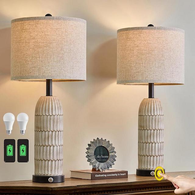 OYEARS 3-Way Dimmable Touch Control Table Lamp Set of 2 with Dual USB A+C Ports for Bedroom Living Room 26.5” Modern Farmhouse Bedside Lamps Nightstand Lamps(Bulbs Included,Grey)