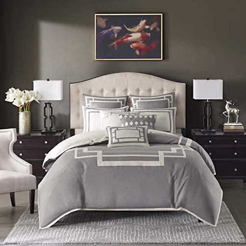Madison Park Signature Savoy Queen Size Bed Comforter Duvet 2-In-1 Set Bed In A Bag - Grey , Geometric – 8 Piece Bedding Sets – Ultra Soft Microfiber Bedroom Comforters