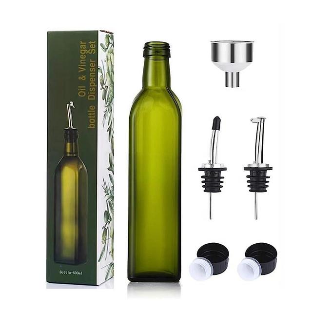 VIGOR PATH Glass Oil Dispenser - 17 oz/500ml Capacity - Oil and Vinegar Cruet Bottle with Pourers, Funnel, and Seal Caps - Elegant Decanter for Kitchen - Green