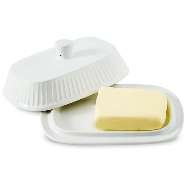 Hansense Porcelain Butter Dish with Lid for Countertop, Ceramic Butter Keeper with Handle Cover, Butter Holder Container Perfect for East and West Coast Butter, Dishwahser Safe, White