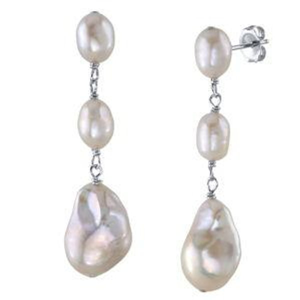 Triple White Freshwater Baroque Pearl Glenn Earrings - Sterling silver
