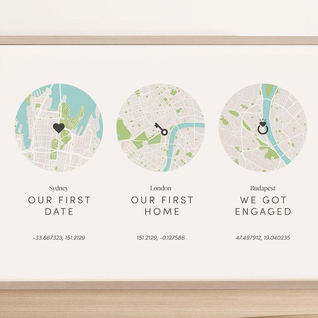 Custom Map Print - 2, 3 or 4 Locations (5x7, A4, A3, A2, digital), Special Memories & Coordinates, Perfect Gift for Anniversaries, Unframed