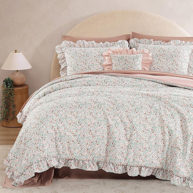 BLOOMHAVEN Twin XL Comforter Set - 5 Pieces Ruffle Pink Ditzy Bedding Sets, Shabby Chic Farmhouse Bed in a Bag Twin XL with Floral Comforter, Sheets, Pillowcase & Sham