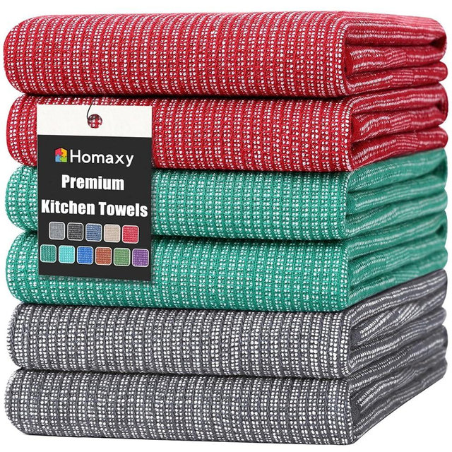 Homaxy Premium Kitchen Towels(18”x 28”, 6 Pack), Large Cotton Kitchen Hand Towels, Flat and Terry Dish Towels, 380 GSM Highly Absorbent Tea Towel Set with Hanging Loop, Grey/Red/Green