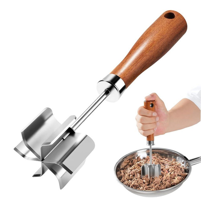 Stainless Steel Meat Chopper & Masher - Heavy Duty 6 Curve Blades Ground Beef Chopper Tool with Wooden Handle, Heat Resistant Meat Masher, Hamburger Smasher & Multi-Use Kitchen Tool