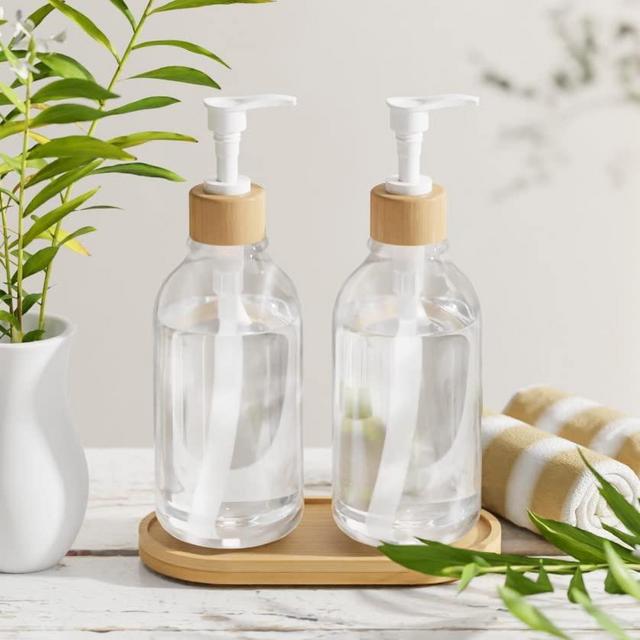 Soap Dispenser for Countertop with Bamboo Pump and Tray, Bathroom Soap Dispenser Set, Imitation Glass Transparent Soap Dispenser Set with Reinforced Material, Suitable for Kitchen, Shower Room