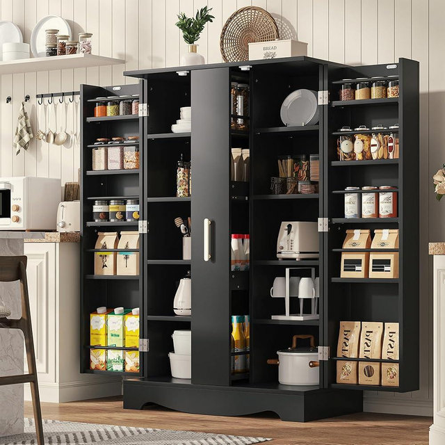kepptory 47" Kitchen Pantry, Farmhouse Storage Cabinet with Barn Doors, Organizer, Pantry Cabinet with Lock Door and Adjustable Shelves, Rustic Wood Cupboard for Kitchen, Dining Room, Bathroom, Black