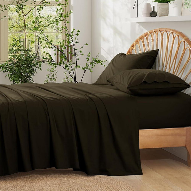 Entisn Pure Cotton Sheets King Size Bed Set 4 Pieces, 400 Thread Count Cotton Sheet Set with All Around Elastic for Snug Fit, All Seasons Breathable Bedding, 16 Inch Deep Pocket, Chocolate Brown