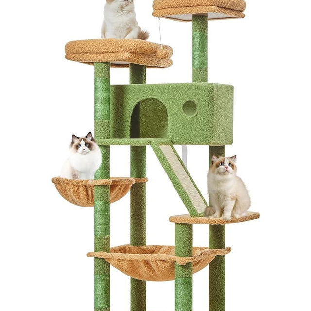 Taoqimiao 57.5-Inch Cat Tree for Large Cats, Plush Multi-Level Cat Condo with 8 Scratching Posts, 2 Perches, Cave, Hammock, 2 Pompoms, Scratch Board for Indoor Cats -MSC026 Cactus