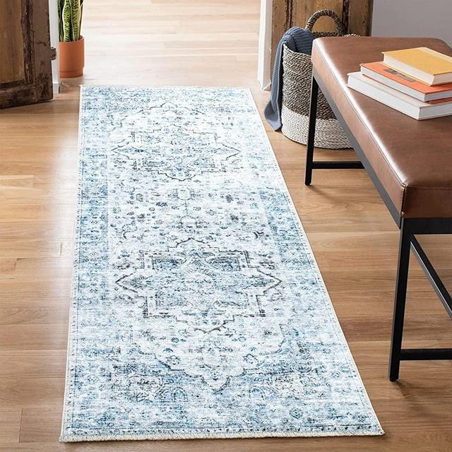 Bloom Rugs Washable Non-Slip 12 ft Runner - Ivory / Blue / Gray Traditional Persian Runner for Entryway, Hallway, Bathroom, and Kitchen - Exact Size: 2'6" x 12'