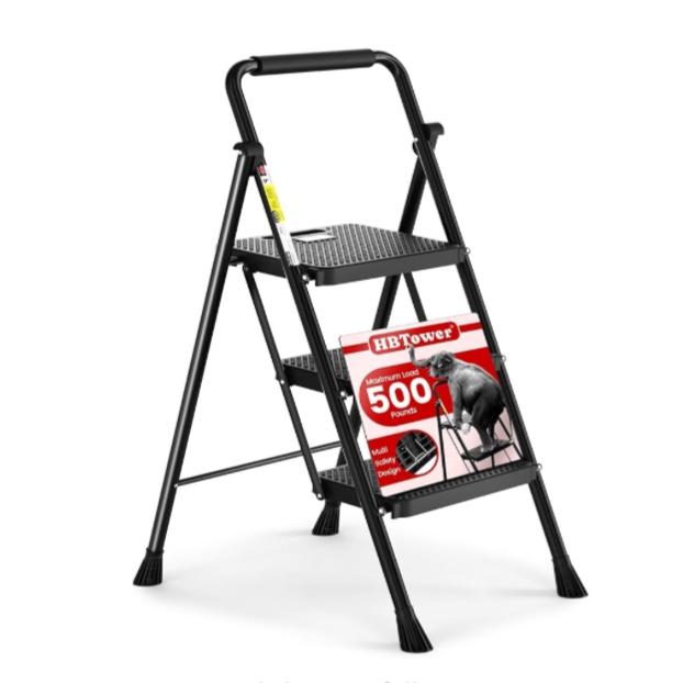 HBTower Step Ladder, Folding Step Stool with Wide Anti-Slip Pedal, Sturdy Steel Ladder, Convenient Handrail, Lightweight, Portable Steel Step Stool