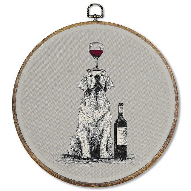 FUGWN Funny Golden Retriever Bar Round Wall Art Decor Framed, Golden Retriever Gifts for Women Canvas Artwork Prints, Funny Wine Dog Wall Hanging Decorations for Home Wine Bar Kitchen, 10x10 Inch