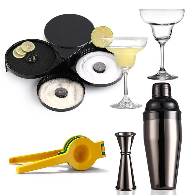 USEEKRIL Margarita Kit - Set of 2 Margarita Glasses (8.5oz), 3-Tier Salt Rimmer, Stainless Cocktail Shaker & Jigger, Citrus Squeezer - Margarita Set