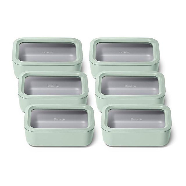 Caraway 6pc Glass Food Storage Set – 6.6 Cup Food Containers (6) - Ceramic Coated - Non Toxic, Non Stick with Lids - Microwave Safe - Mist