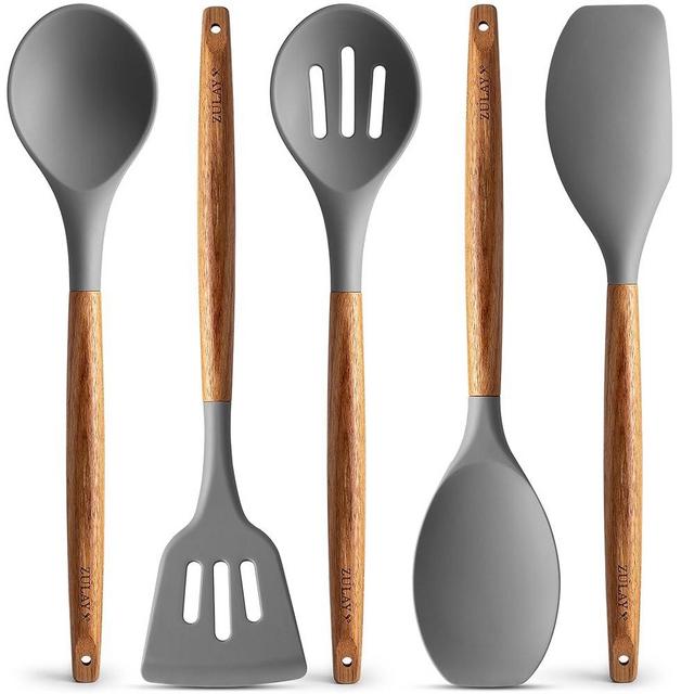 Zulay Kitchen Utensils Set Non-Stick Silicone Cooking Utensils Set with Authentic Acacia Wood Handles - 5 Piece Silicone Utensil Set - Silicone Kitchen Utensils Set with 464°F Heat Resistance - Gray