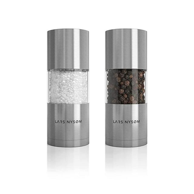 LARS NYSØM Stainless Steel Salt and Pepper Mills Set with Adjustable Ceramic Grinder 2 pieces I Design Spice Mills Set Manual (Set of 2, Stainless Steel)