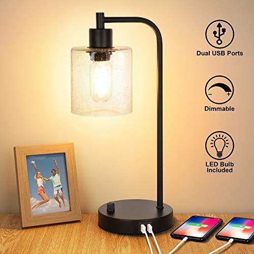 Industrial Table Lamp with 2 USB Ports,Fully Stepless Dimmable Vintage Nightstand Desk Lamp, Seeded Glass Shade Bedside Reading Lamp for Bedroom, Living Room, Office, 6W 2700K LED Edison Bulb Included