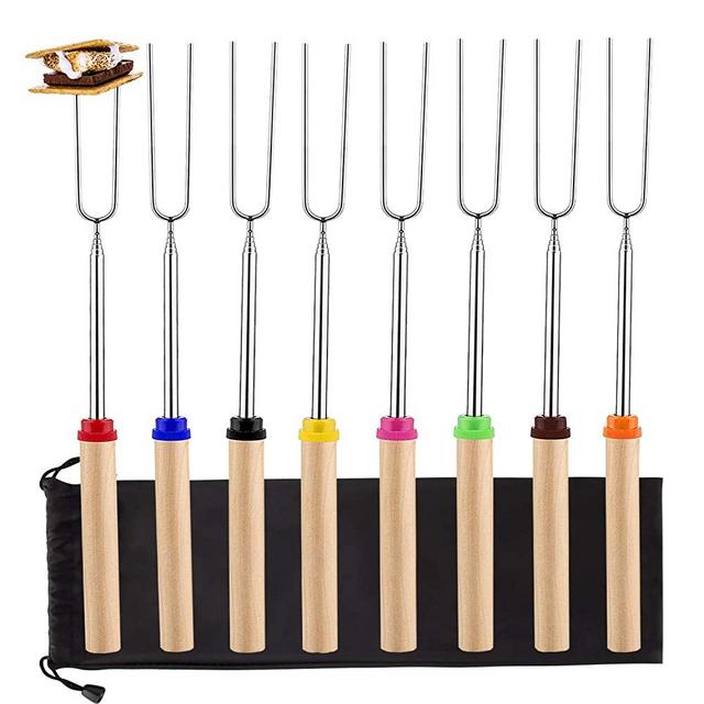 Marshmallow Roasting Sticks 8 Pack Extendable 32 Inch Telescoping Marshmallow Skewers & Hot Dog Forks with Wooden Handle Storage Bag for Campfire BBQ Backyard Fire Pit