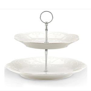 Lenox 2-Tier Serving Tray, French Perle White Two Tiered Tray Stand, Dessert Stands, Tiered Display with Round Plates, Christmas Hosting Essentials, Serving Dishes, Cupcake Stand (White 9-inch Height)