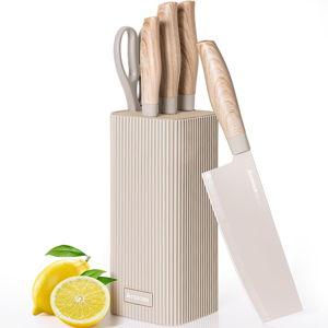 Astercook Knife Set, 6-Piece Kitchen Knife Set with Block, High Carbon Stainless Steel Ultra Sharp Kitchen Knives, Wood Grain Handle, Dishwasher Safe Knife Block Set, Khaki, Kitchen Utility Knives
