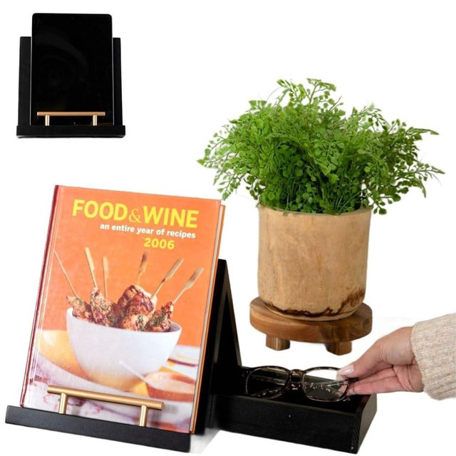 3-in-1 Cook Book Stand for Kitchen Counter w/Drawer & Triangle Page Holder - (9”x9”x8”) Wooden Book Holder Stand w/Gold Finish - Elegant Recipe Book Stand for Reading, Display, & Convenient Storage