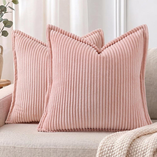 Mecatny Corduroy Summer Throw Pillow Covers 18x18 Set of 2, Neutral Decorative Soft Boho Couch Pillow Covers with Broadside for Sofa Living Room, Pink