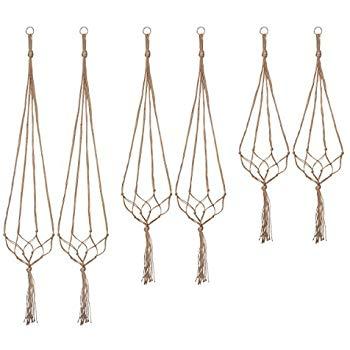 UUSHER Macrame Plant Hangers, Hanging Plant Holder Indoor Outdoor Plain Simple Jute Rope Plants Hangers Set with 6 Hooks Handcraft for Boho Home Decor & Space Saving (6 Pcs 3 Sizes)