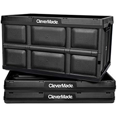 CleverMade 62L Collapsible Storage Bins - Durable Plastic Folding Utility Crates, Solid Wall Stackable Containers for Home & Garage Organization, Black, 3 Pack