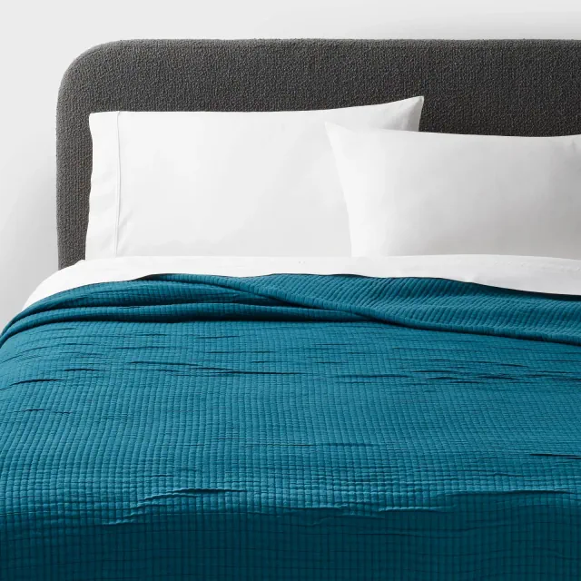 King Double Cloth Quilt Dark Teal Blue - Threshold™: Jacquard Weave, Midweight, OEKO-TEX Certified