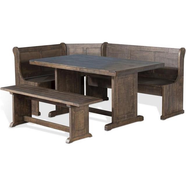 Pemberly Row 3-Piece Farmhouse Wood Breakfast Nook Set with Hidden Storage, Planked Tops, Reversible Seating, in Tobacco Leaf Finish