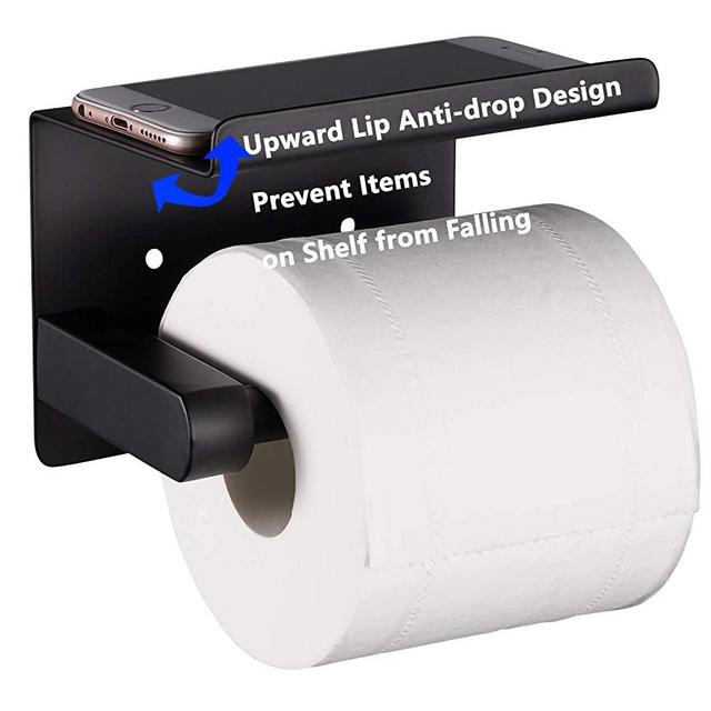 Adhesive Toilet Paper Holder with Shelf, SUS304 Stainless Steel Toilet Paper Roll Holder, Mega Roll Tissue Roll Paper Dispenser, No Drilling or Wall Mounted with Screws (Black Matte)