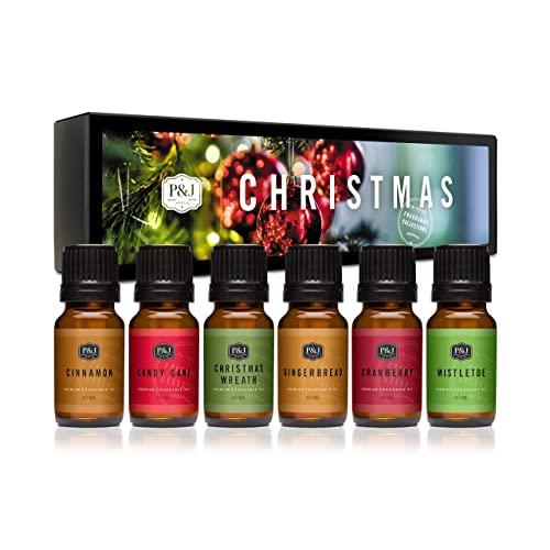Christmas Set of 6 Premium Grade Fragrance Oils - Christmas Wreath, Mistletoe, Candy Cane, Gingerbread, Cinnamon, and Cranberry - 10ml