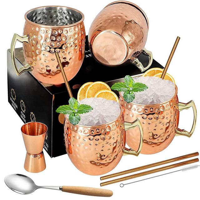 Moscow Mule Copper Mugs - Set of 4 Gold Brass Handles 19OZ Pure Copper Plating Mugs with 1/0.5 oz Double Jigger, Perfect for Cold Drink
