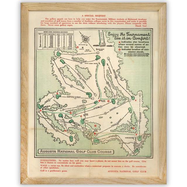 Framed Vintage Augusta National Wall Art Course Map 1954 Golf Decor - Golf Poster Map Golf Wall Art for Office & Home - Master Augusta Golf Course - 11x14 Print for Golfers - Masters Wall Art