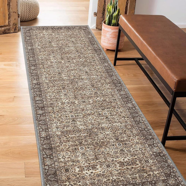 RYB HOME Brown Washable Runner Rug 2x6 for Enterway Hallway, Floral Vintage Distresssed Rug Soft Faux Wool Stain Resistant Non Slip Door Mat Runner for Kitchen Bathroom Laundry, 2x6 ft