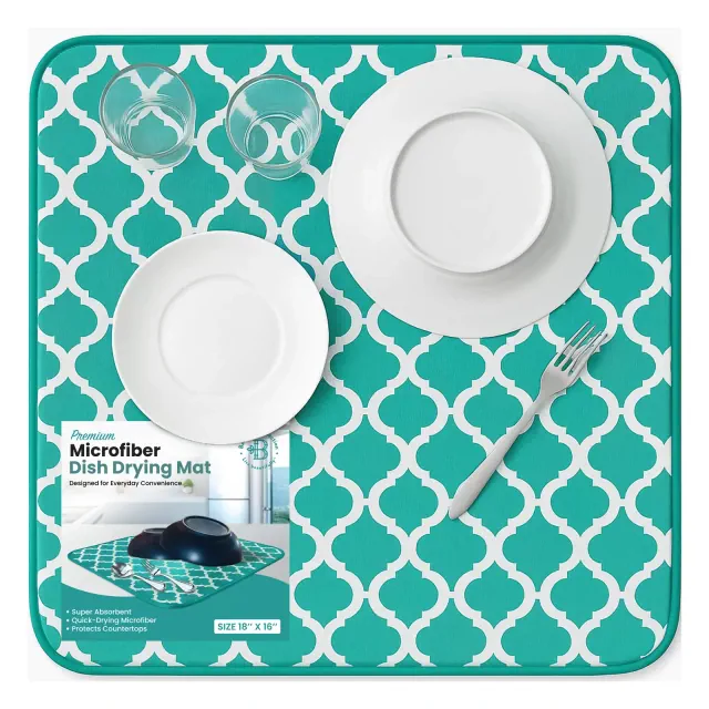 Microfiber Dish Drying Mat - Absorbent Quick Dry Kitchen Counter Mat for Dishes, Utensils & Glassware - Reversible 18" x 16" Teal Green Trellis