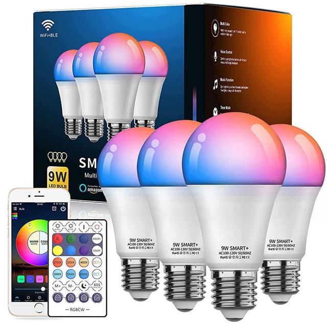 VANANCE Smart Light Bulbs 4Pack with Remote, WiFi & Bluetooth Enabled Full Color Changing LED Light Bulbs, 80W Equivalent, A19 Dimmable Smart Home Lighting, Work with Alexa Google Assistant